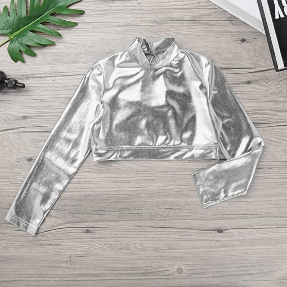 iEFiEL silver Athletic T-Shirt Crop Top for Gym Yoga Dancing Stage Performance